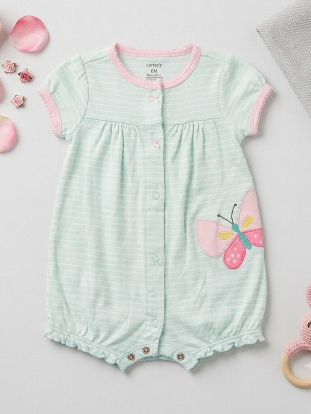 Carter's Baby Girl Light Blue Striped Butterfly Romper – Size 6 Months